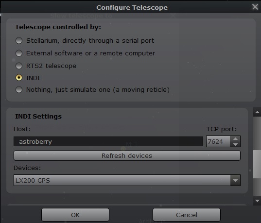 Stellarium using INDI server for LX200GPS mimic Stellarium using INDI server for LX200GPS mimic